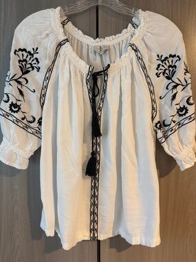 Lucky Brand White Top with Black Embroidered Trim